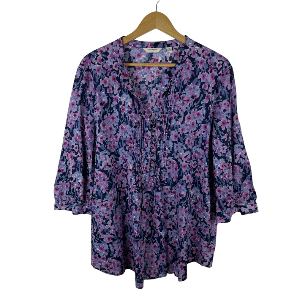 Liz Claiborne Floral Pintuck Cotton Tunic Top Size XL Multicolor Preppy Colorful